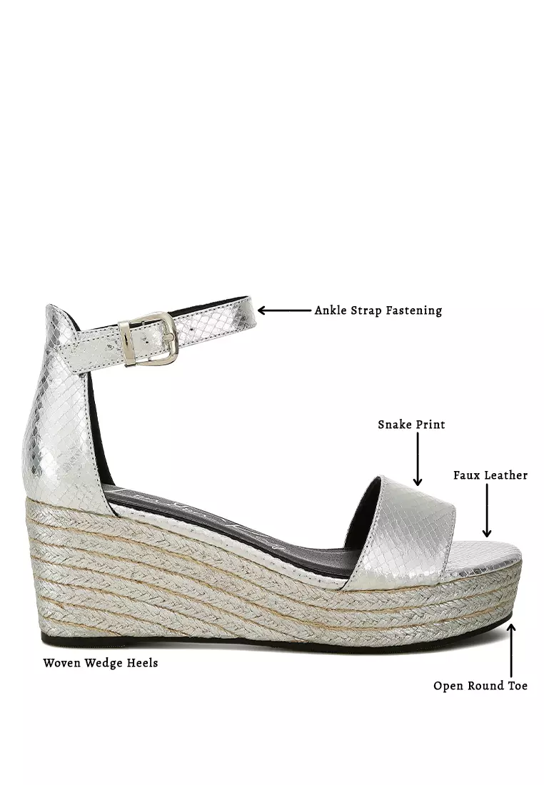Silver Faux Leather Snake Wedge Espadrilles