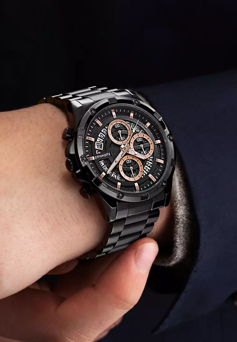 Unisex IP Black Stainless Steel Quartz Chronograph Watch, Black Dial, 42mm, Stainless Steel Bracelet