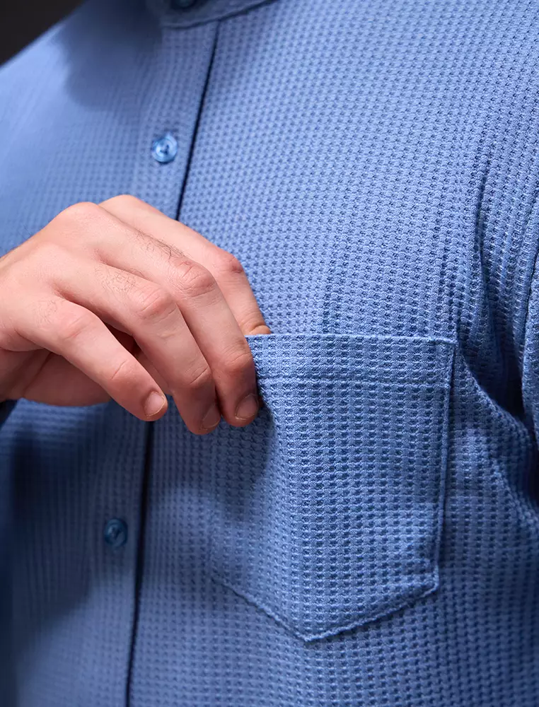 OXCON kemeja Tangan Panjang Waffle Kerah Collarless Blue Denim