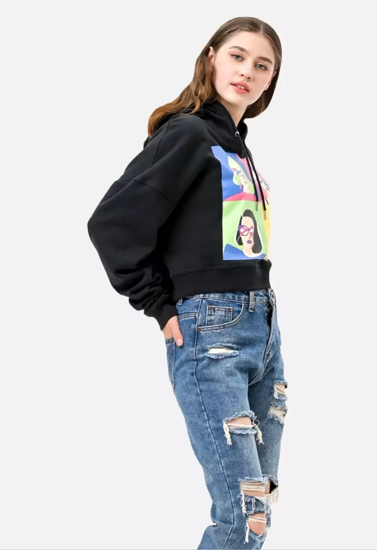 TONIQUE Hoodie Wanita Crop Katun Hitam SHERRY Women's Regular Fit Cotton Crop Hoodie Black