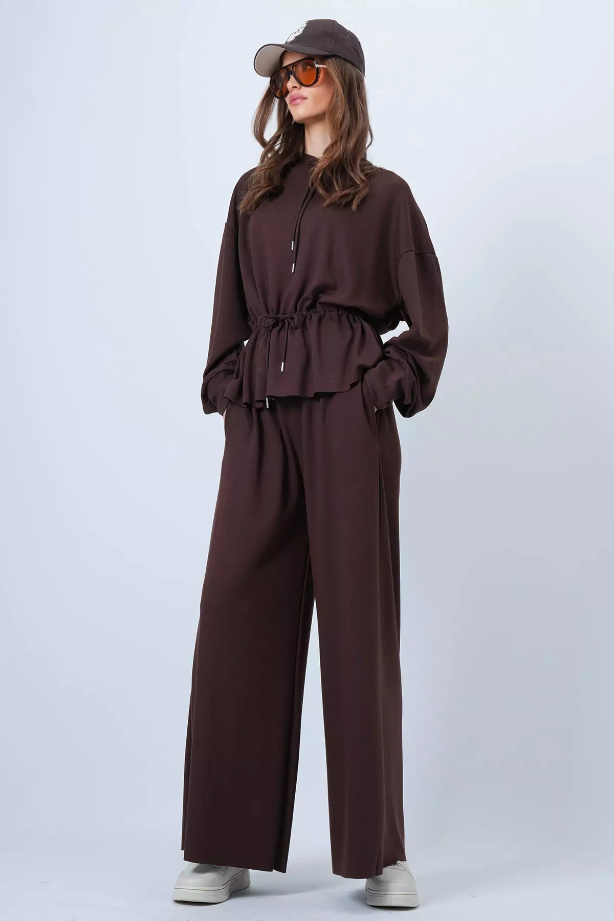 Bitter Brown Hooded Drawstring Waist Modal Blouse And Pants Set Alc-X14668