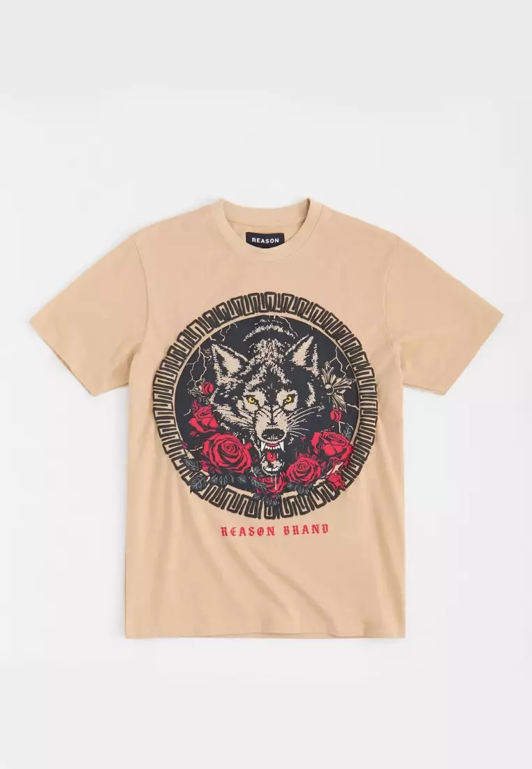 NYC Streetwear - Rhinestones Wolf Short Sleeves Tee - Khaki