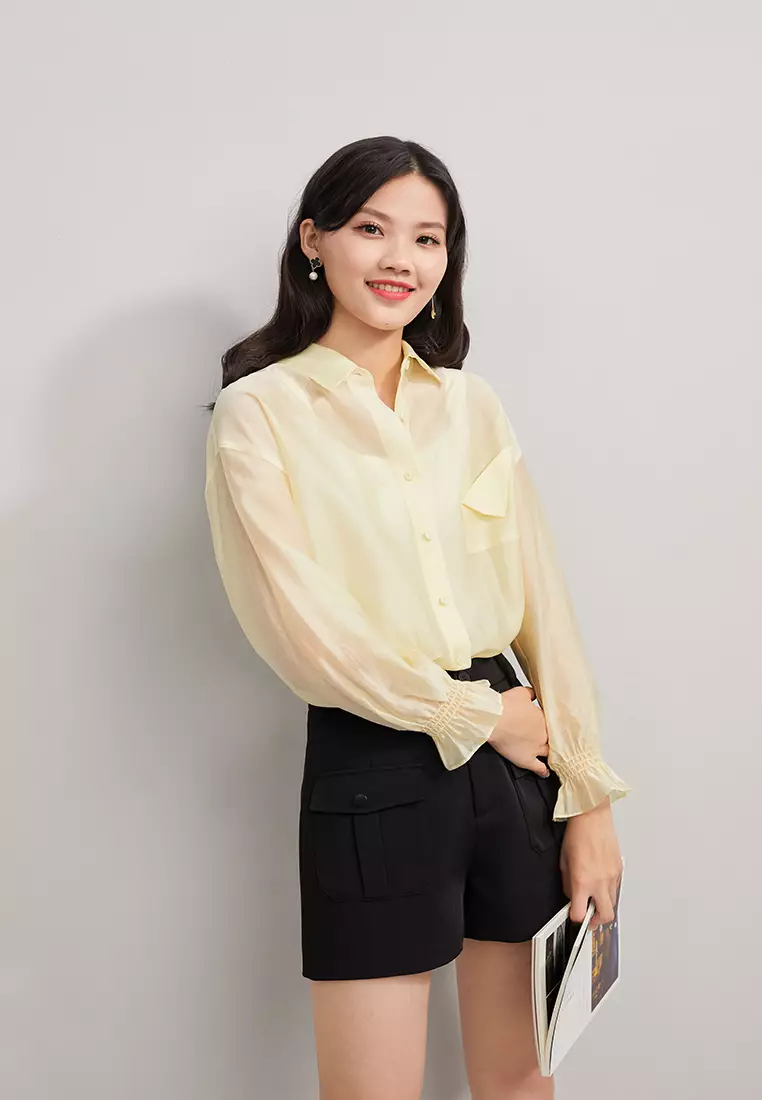 Cropped Button Blouse with Waist Tie