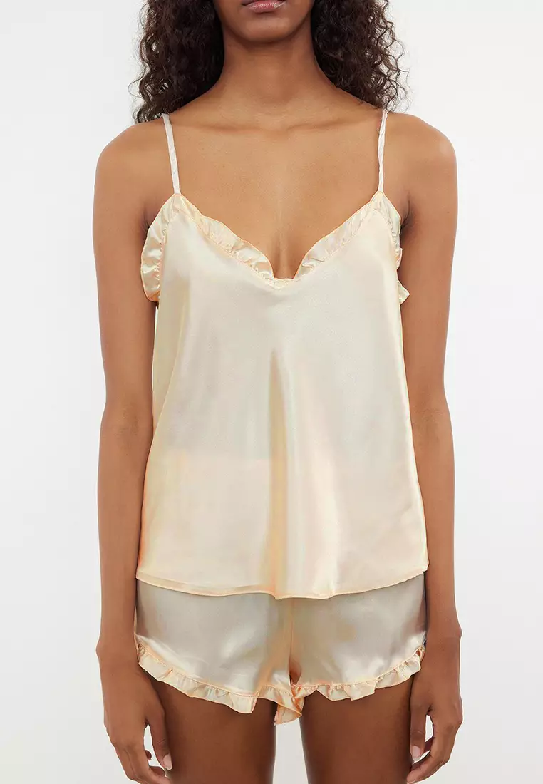 Ecru Frilled Rope Strap Satin Shorts Woven Pajama Set THMSS22PT0274