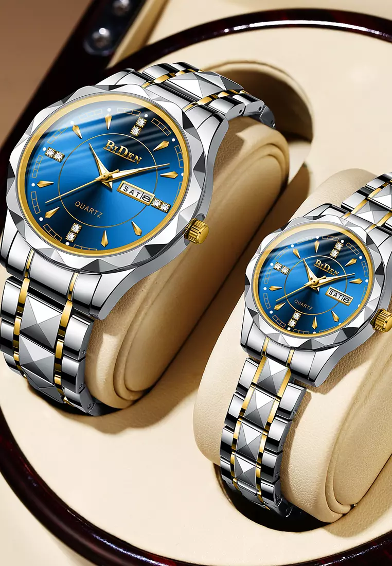 BIDEN Jam Tangan Couple Pasangan Anti Air Original Kalender Bercahaya Luminous Stainless Steel Analog Couple Watch Biru