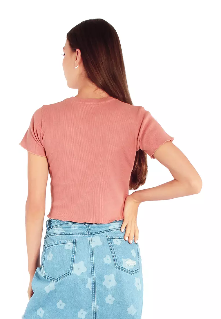 Brown Crew Neck Rib Knit Top