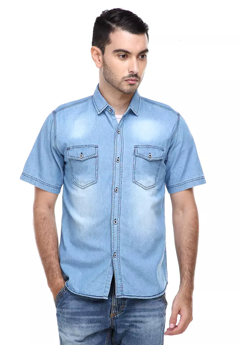 Dwan Casual Shirt Baju Kemeja Jeans Pria Lengan Pendek Material Denim ORIGINAL - Light Blue