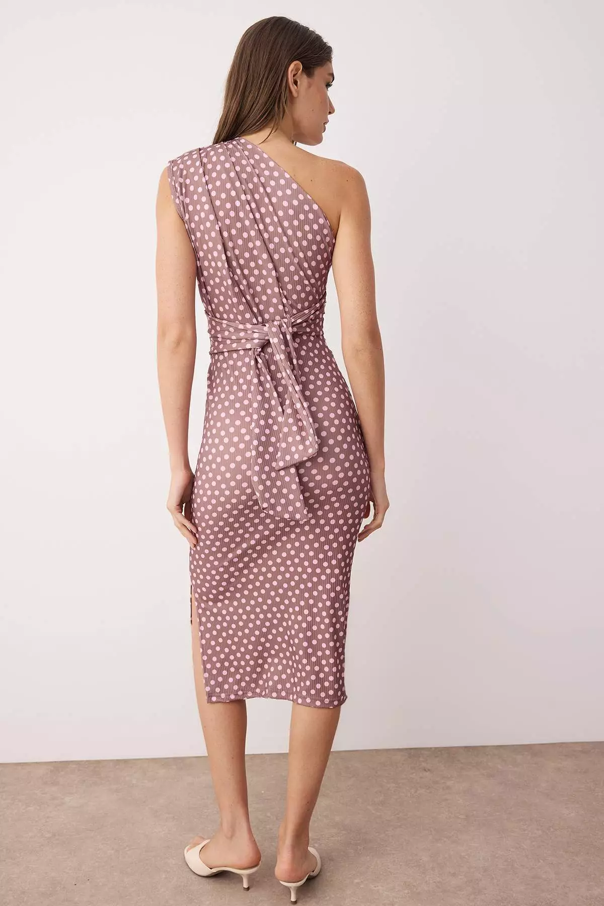Brown Polka Dot Bodycon One Shoulder Asymmetrical Gather Detail Knitted Midi Dress