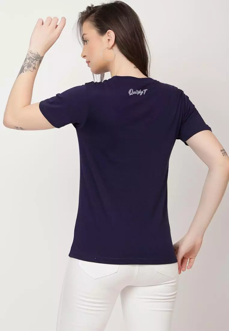 享受生活轻松短袖时尚海军蓝色棉质休闲图案印花 T 恤/T 恤