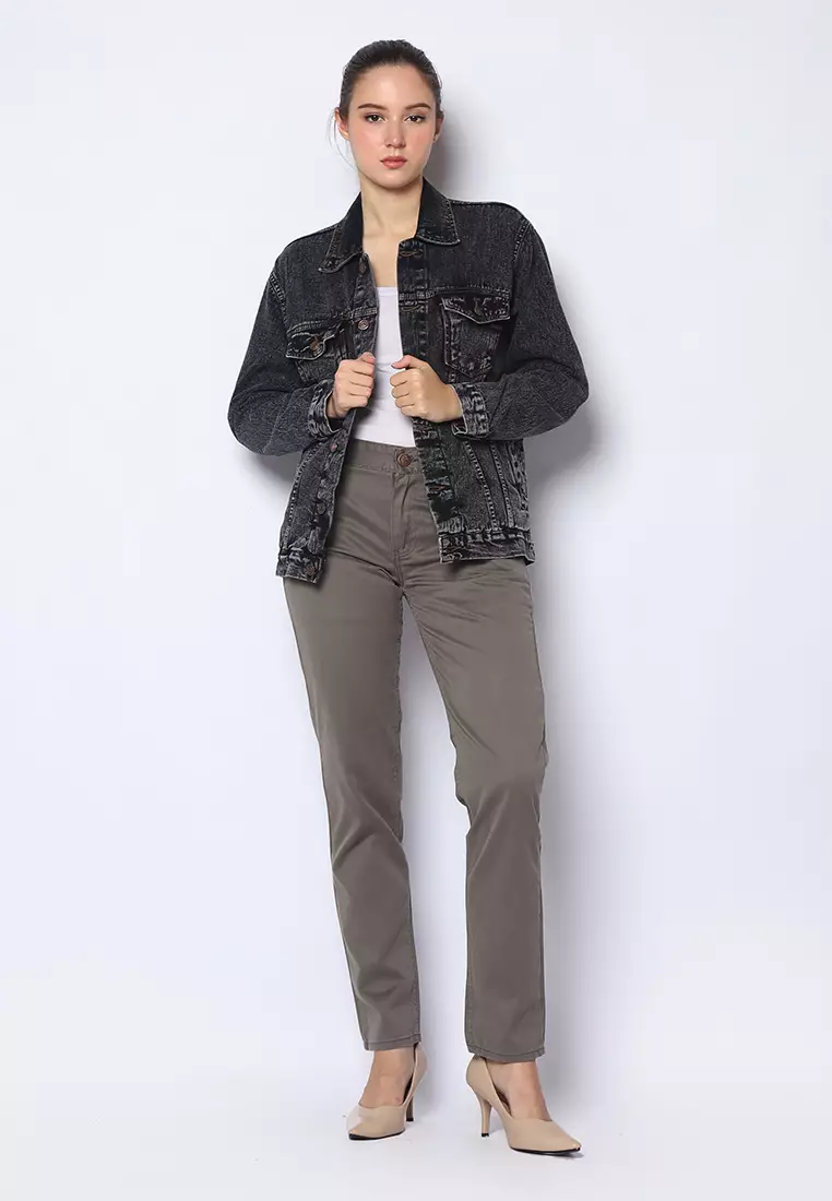 Twill Celana Panjang Wanita Slim Fit Cheerful Abu Muda 222503