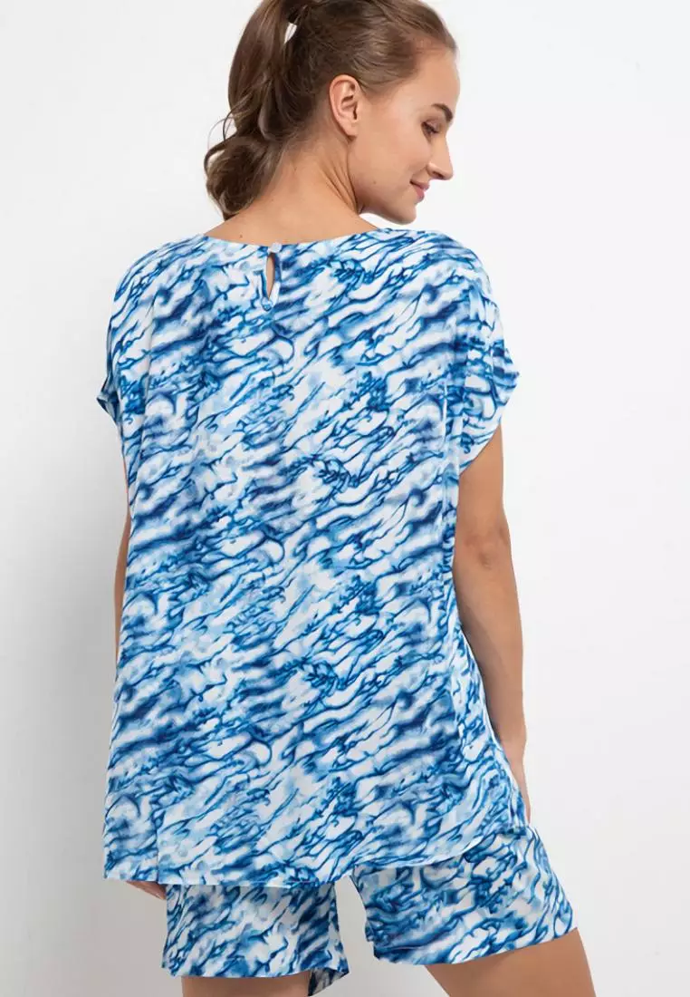 Nade Japan FT060 AMS Baju Tidur Tie Dye Marmer Wanita Set Baju Celana Tidur Biru