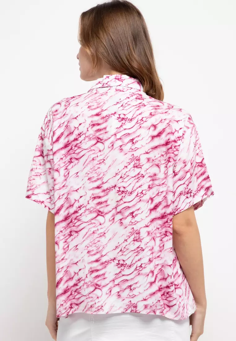 Nade FTA37 VCS Ladies kemeja rayon tie dye marmer kerah 2-in-1 kemeja piyama wanita maroon