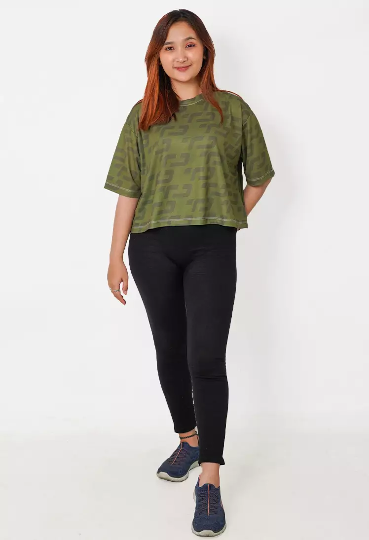 LSB35 baju olahraga wanita crop top oversize big size dry fit gym aerobic poundfit olive hijau tua