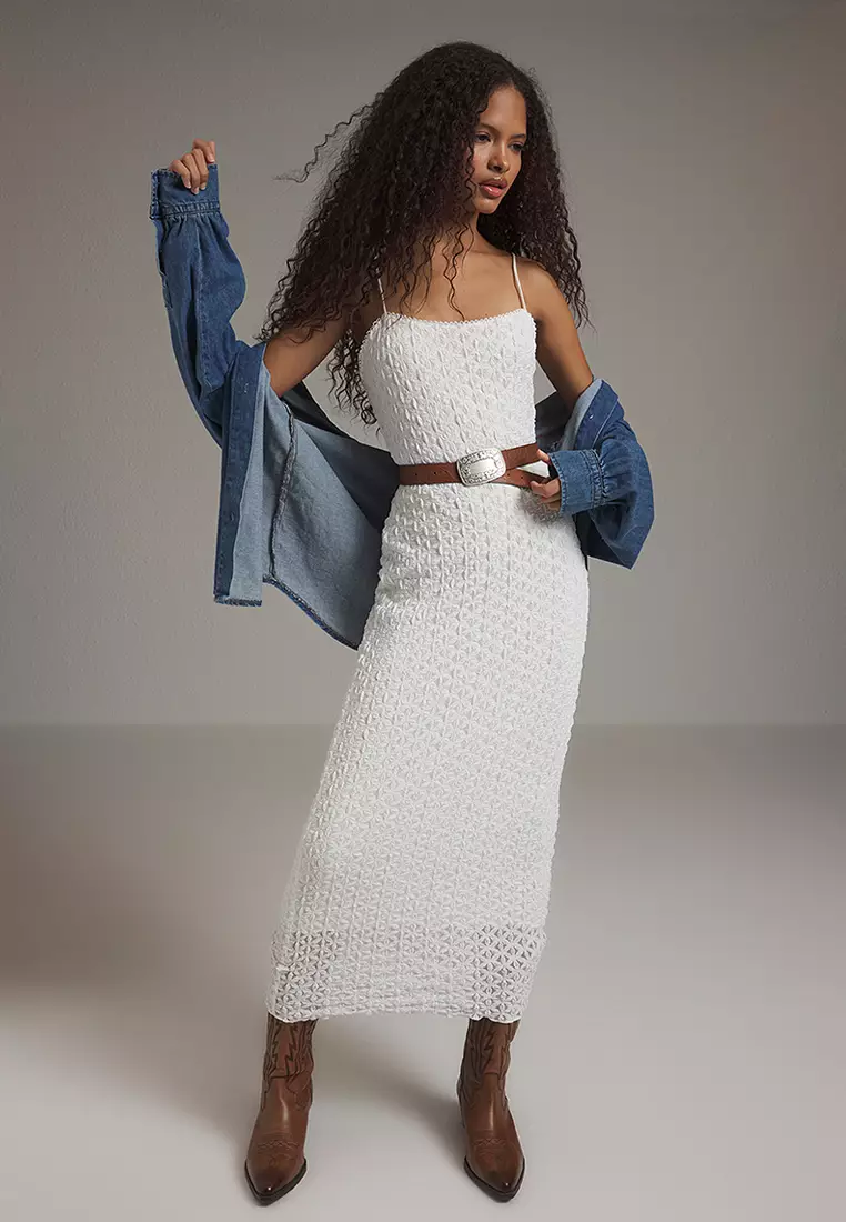 White Lace Bodycone/Fits Body Strappy Midi Knit Dress TWOSS25EL00533
