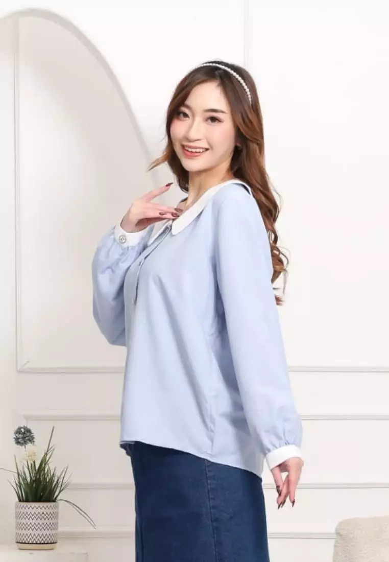 Luvici Long Shirt with Ribbon Button in Light Blue
