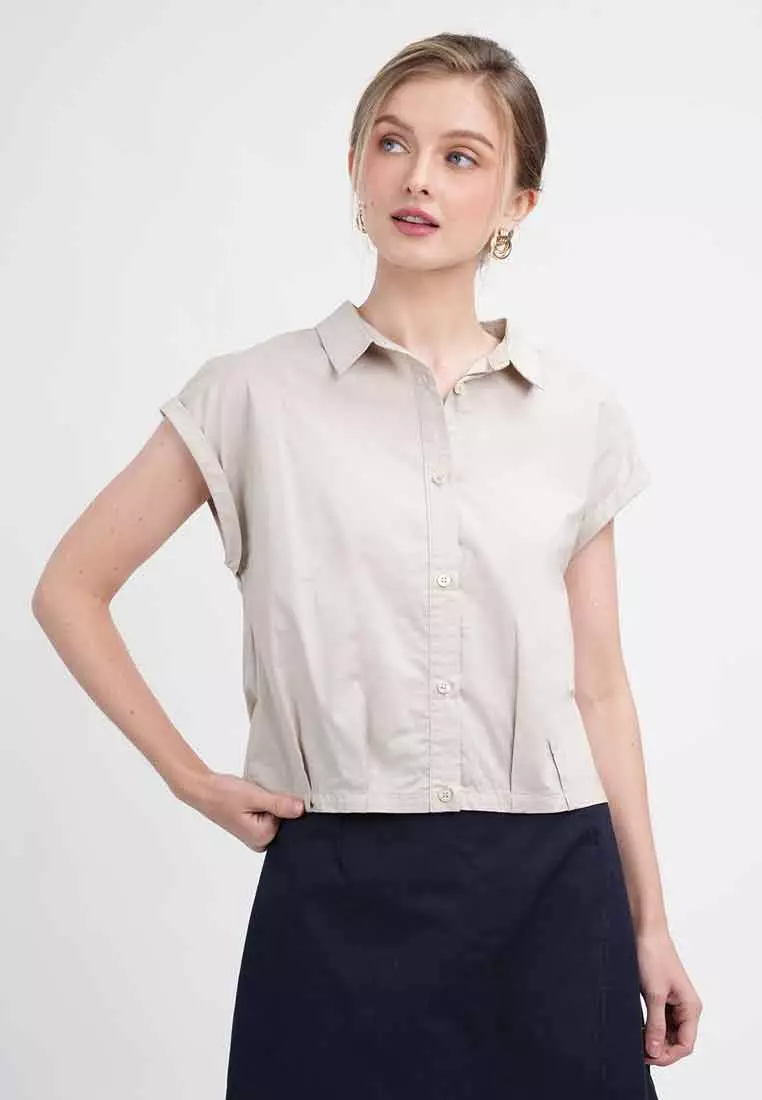 Odette Cropped Cap Sleeve Button-Up Shirt