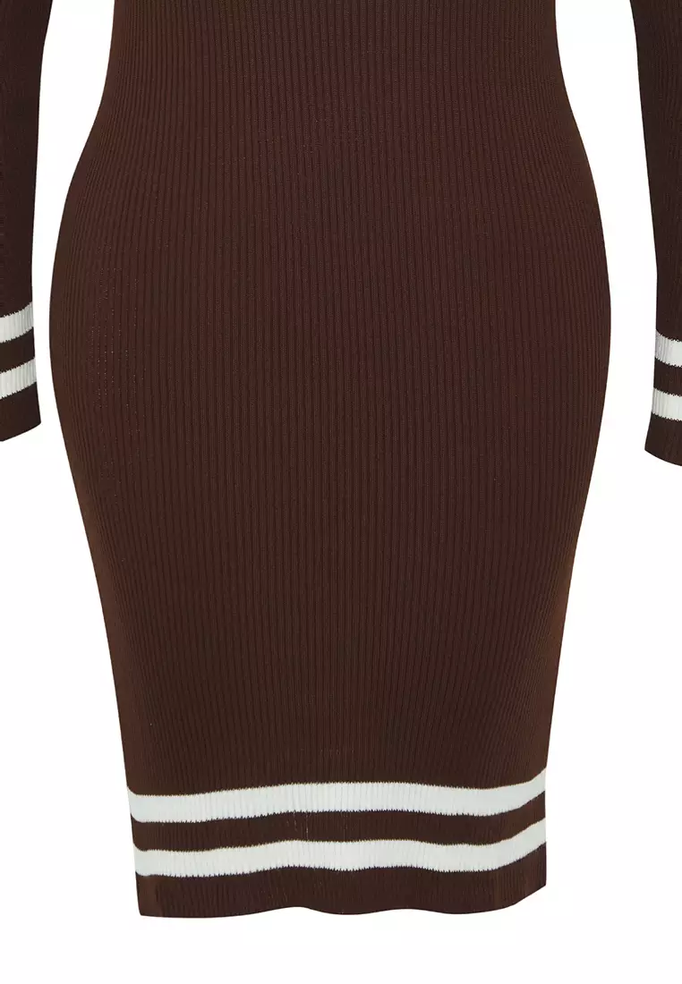 Brown Striped Detailed Ribbed Knitwear Dress Tbbaw24Ah00019