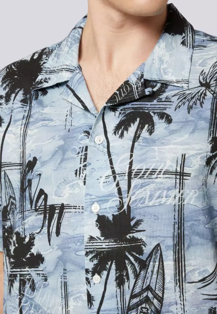 男裝寬鬆款熱帶海灘全印花夏威夷恤衫