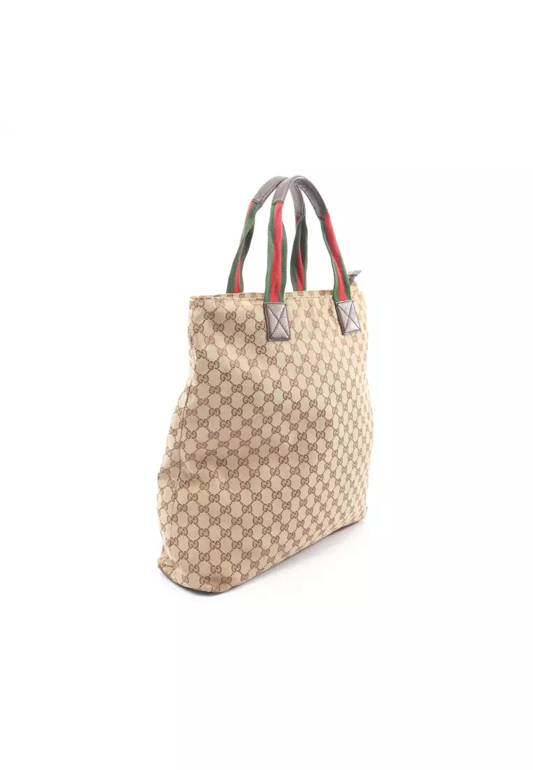 Pre-Loved Gucci GG canvas sherry line Handbag tote bag canvas leather beige multicolor