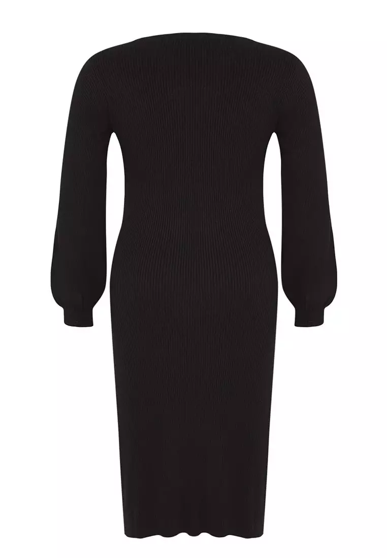 Black Button Detailed Slit Knitwear Dress Tbbaw24Ah00009