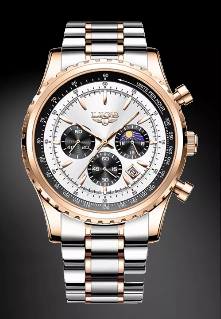 47mm Unisex Chronograph Stainless Steel & IP Rose Gold Color Quartz Watch on Metal Bracelet