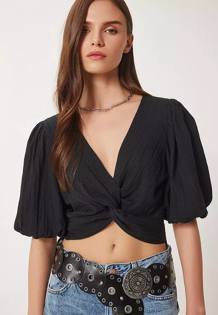 Balloon Sleeve Crop Woven Blouse