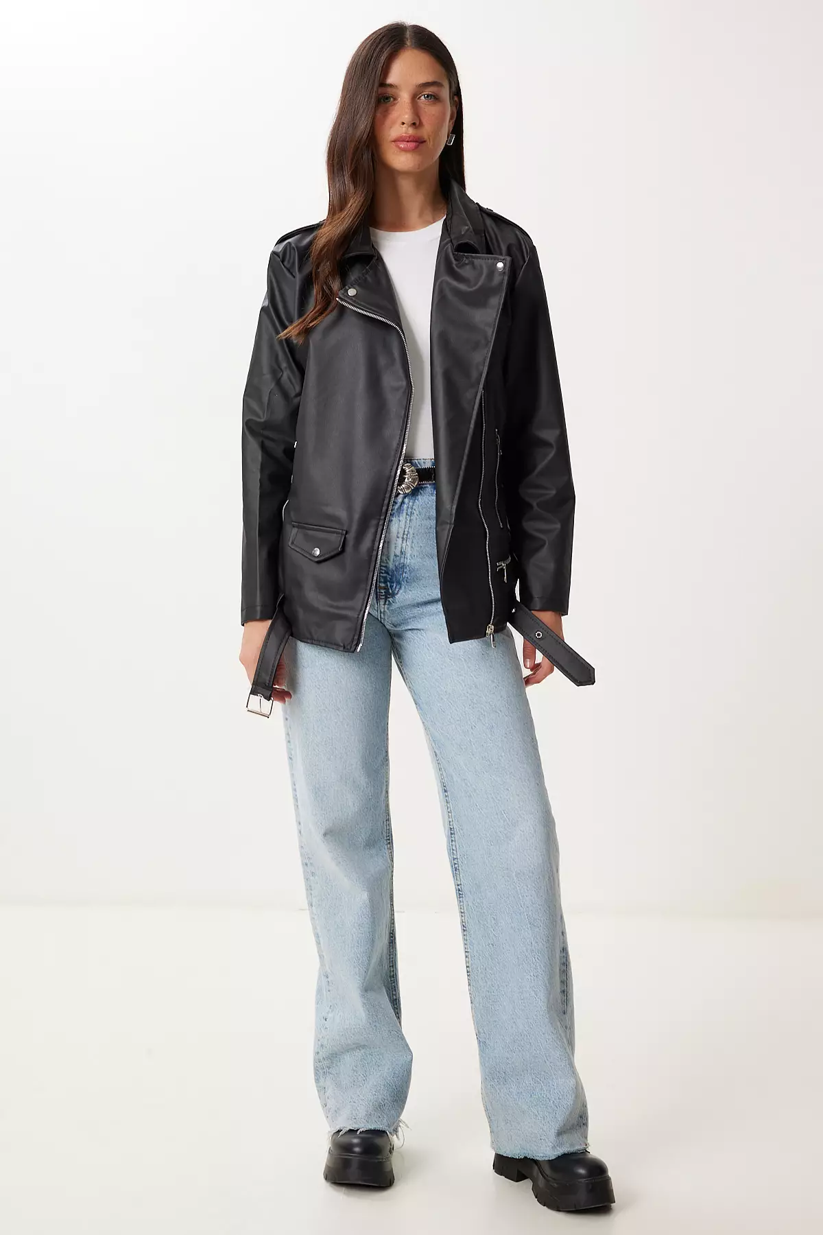 Women's Black Belted Faux Leather Jacket Gz00005