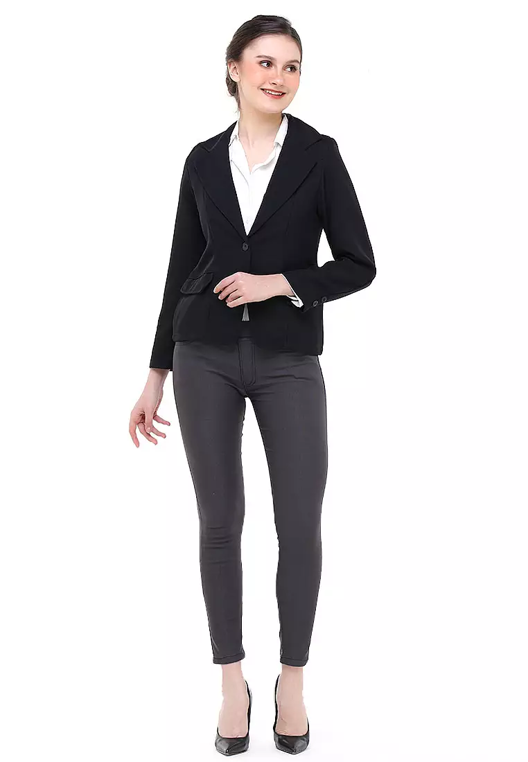 Qemsya Jas Blazer Wanita One Button Formal Longsleeve Suit Material Scuba ORIGINAL - Black