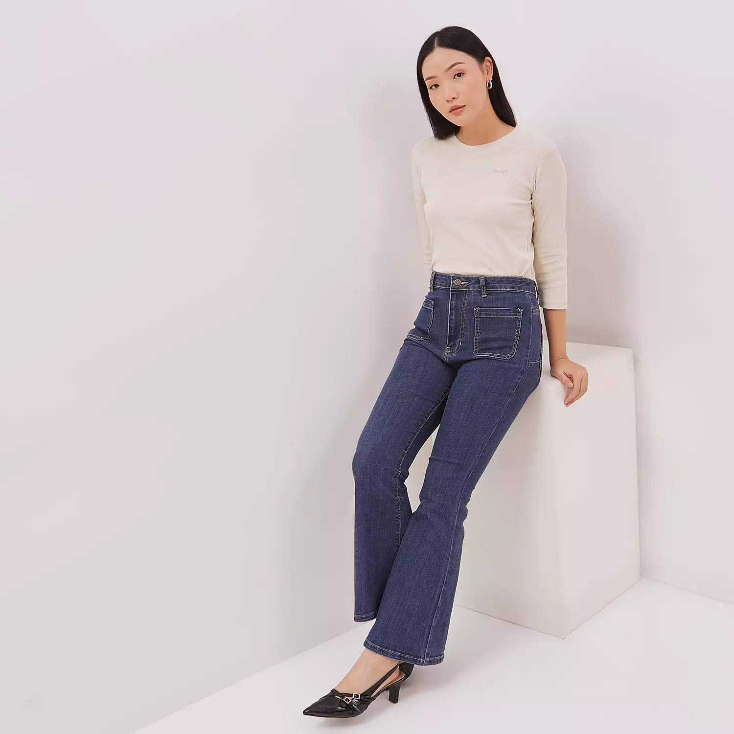 DUST Celana Bell Bottom Denim Laluna Medium Dark Blue (D.3833)