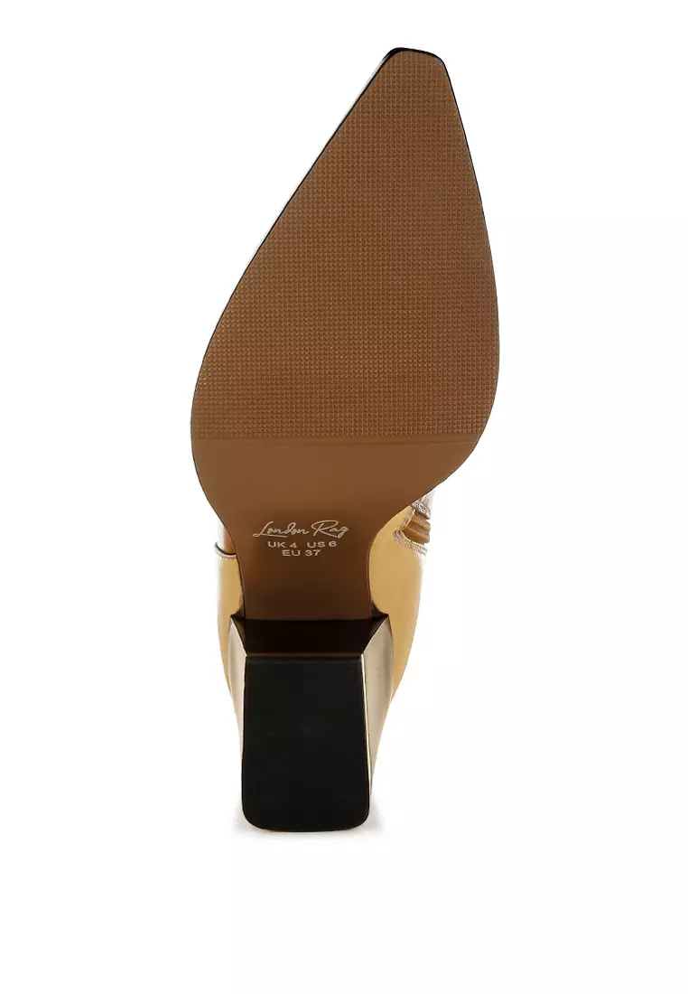 Sepatu bot hak blok tiga warna dalam warna putih pudar