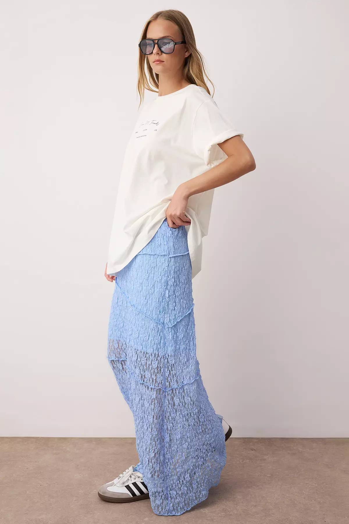 Light Blue A Line Lace Lined Maxi Skirt