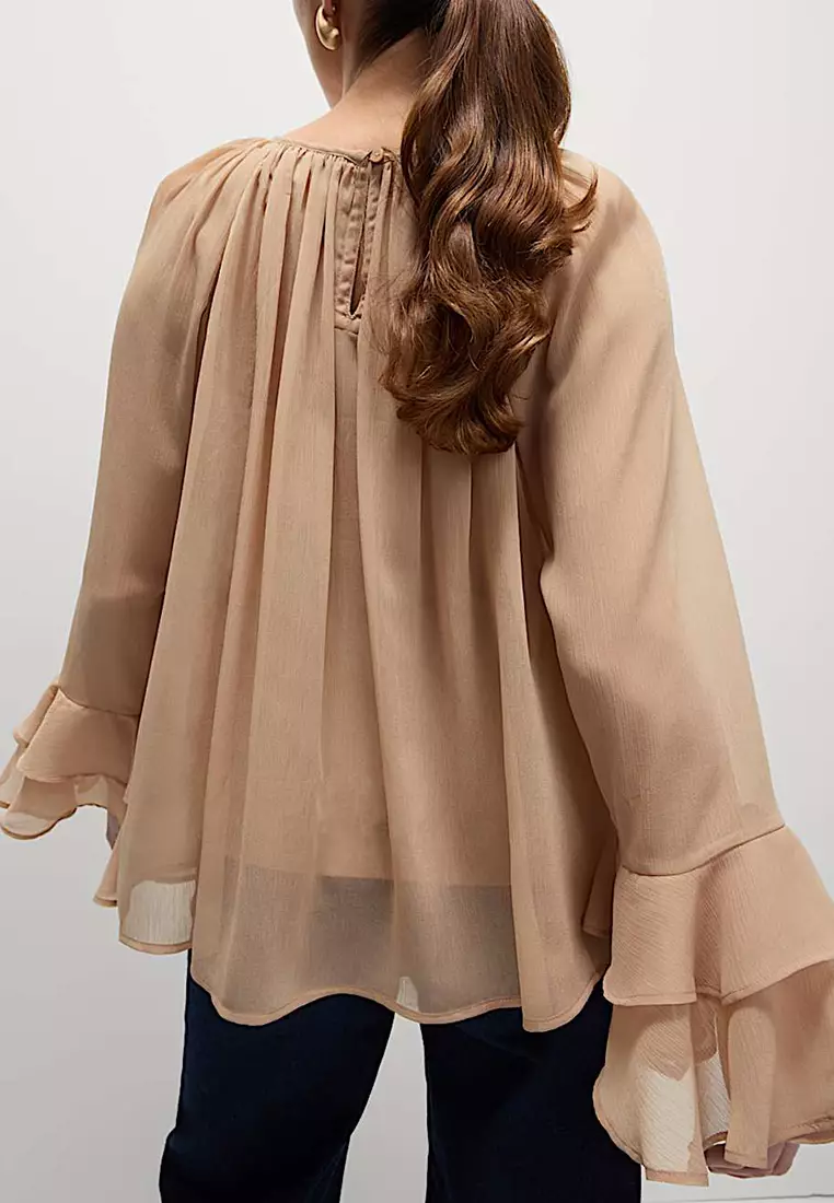Crew Neck Ruffle Sleeve Blouse