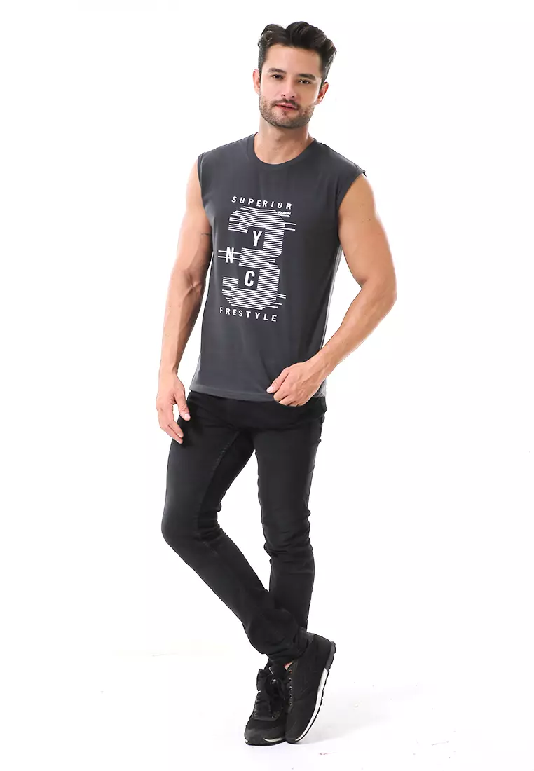 Bobby Atasan Kasual Pria Singlet Motif Three Sleeveless Tshirt Material Cotton ORIGINAL - Gray