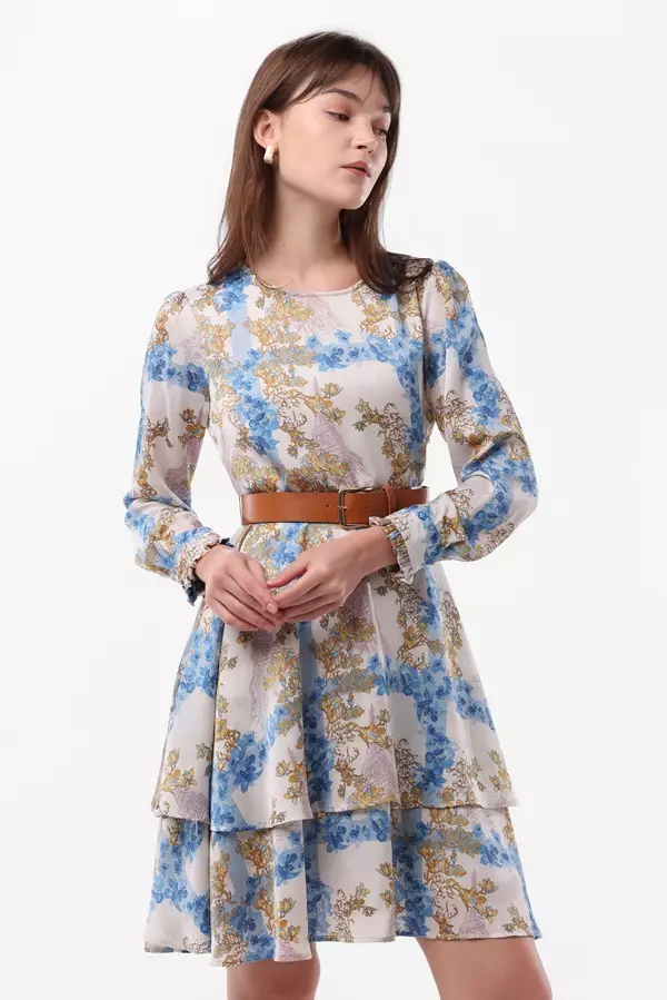 MINIMAL/Emily In Paris - Avriel - Dress Ruffle Motif Bunga - Blue Warna Blue