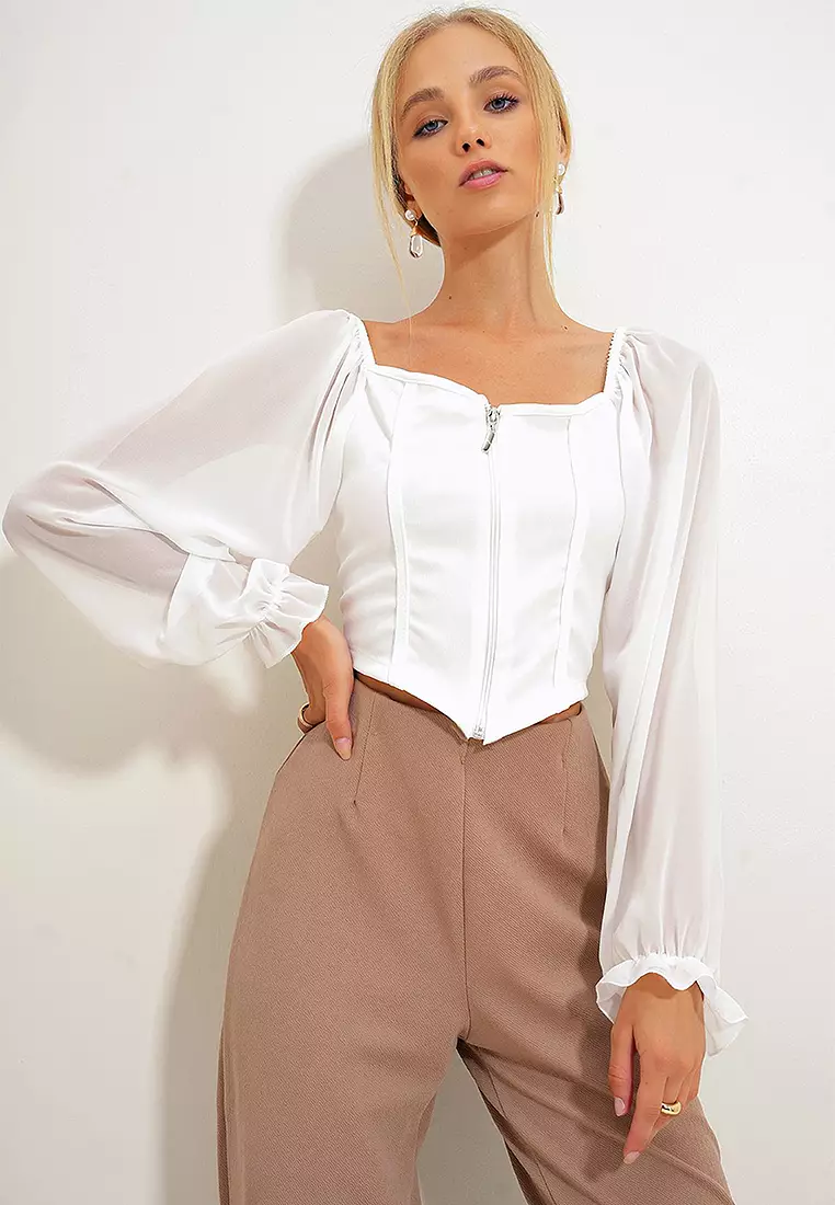 Puff Sleeve Top with Zipper