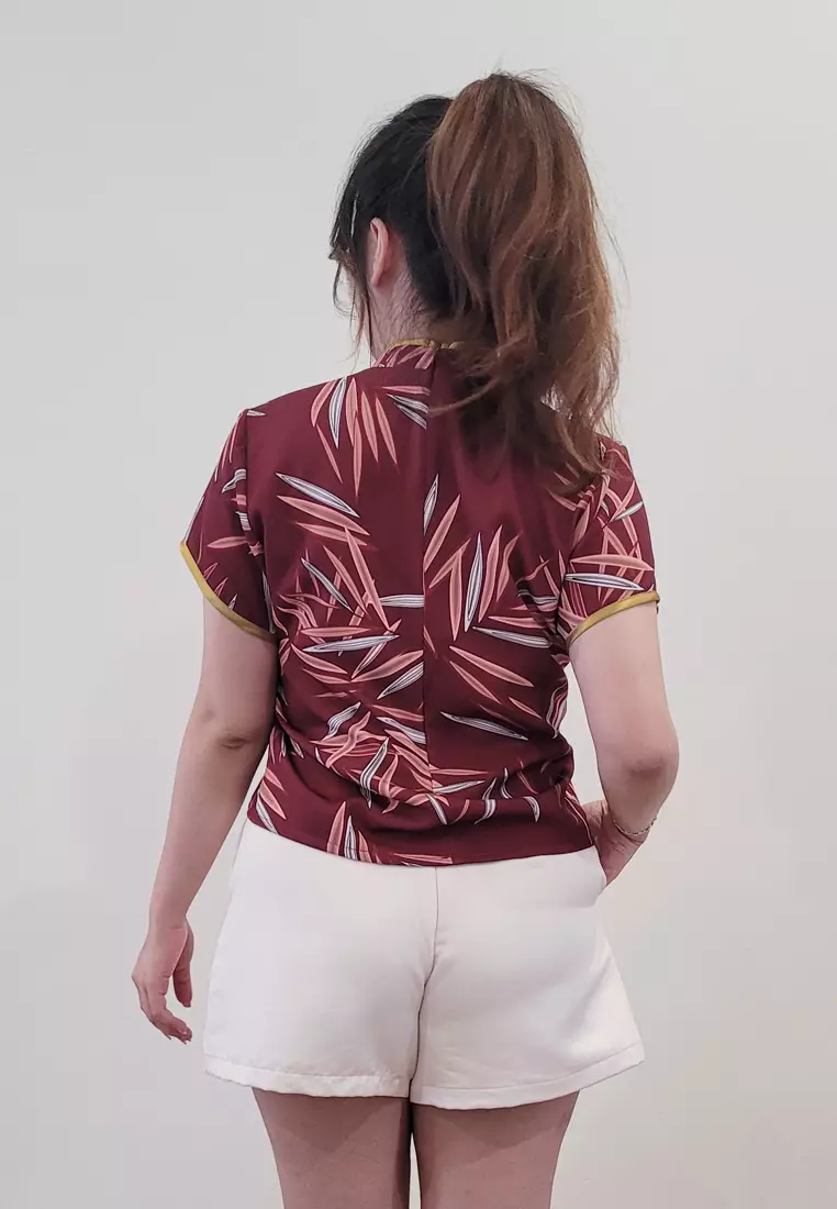 Ivory Cheongsam Cap Sleeves Top Red Leaf Printed