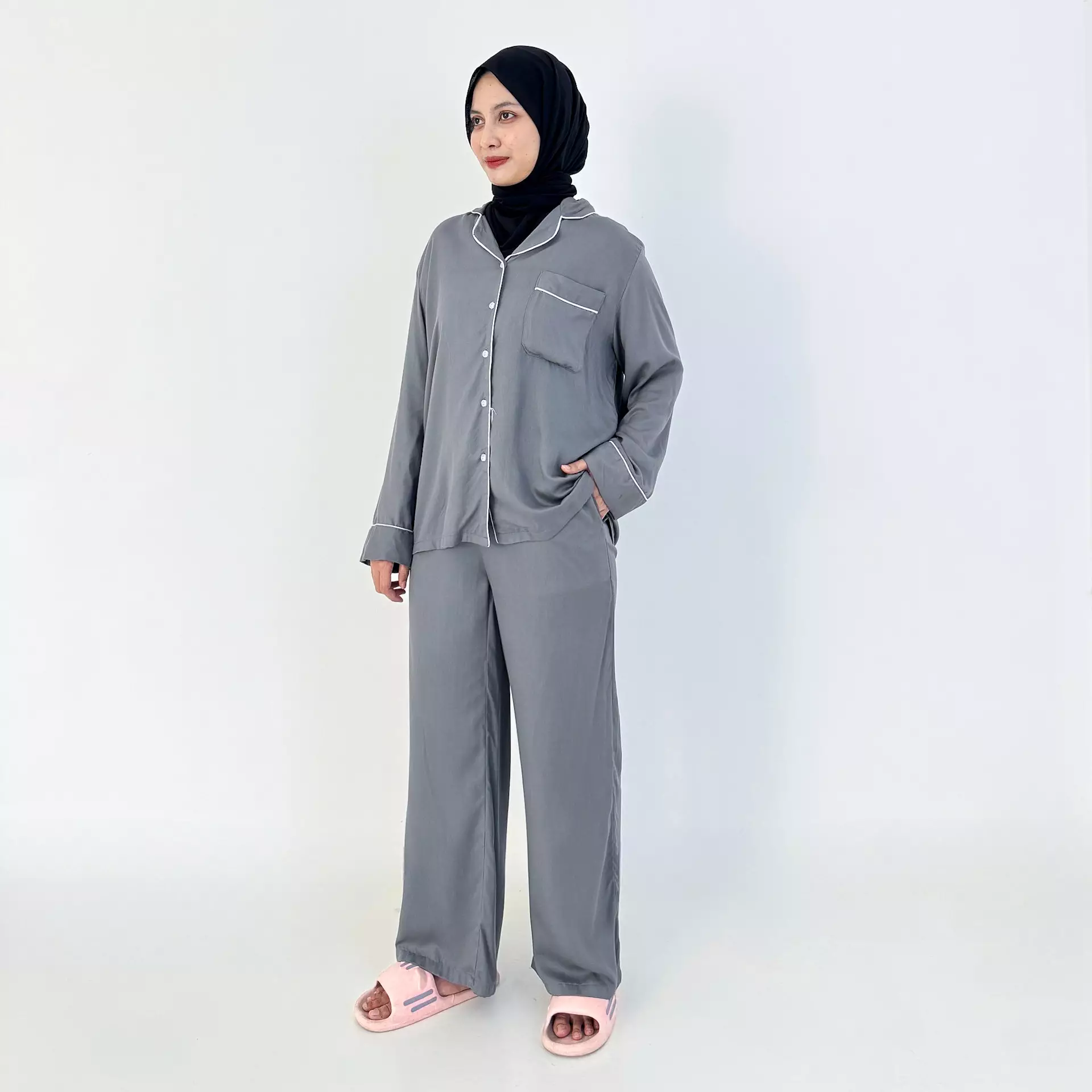 Pyjama Cotton Basic [ABU ABU] SIZE M-XXL Baju Tidur Long Sleeve Long Pants Sleepwear