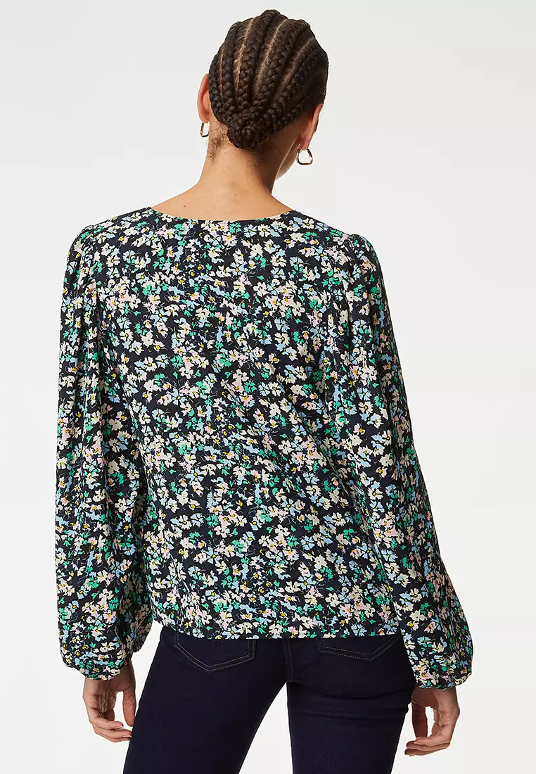 Cotton Rich Floral Long Sleeve Blouse