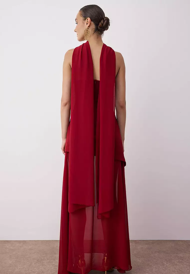 Red Shawl Detailed Woven Maxi Evening & Graduation Dress Tprss25Ae00188