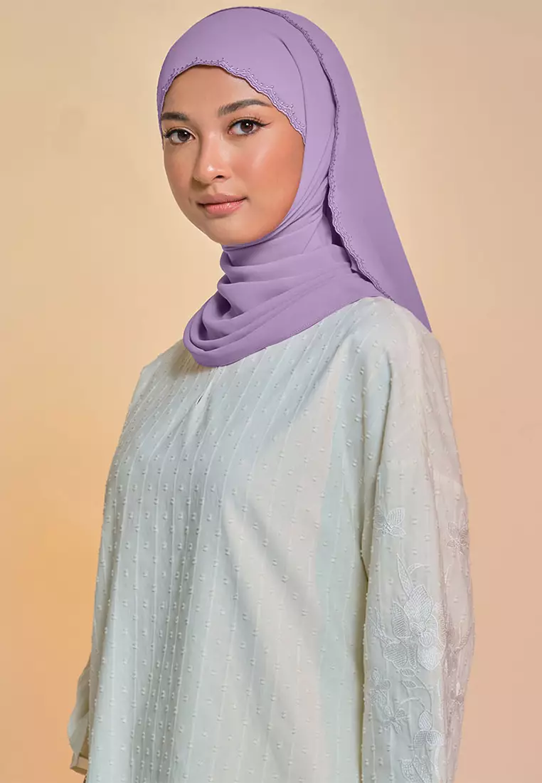 Tanuja Embroidered Scallop Headscarf - Dusty Lavender