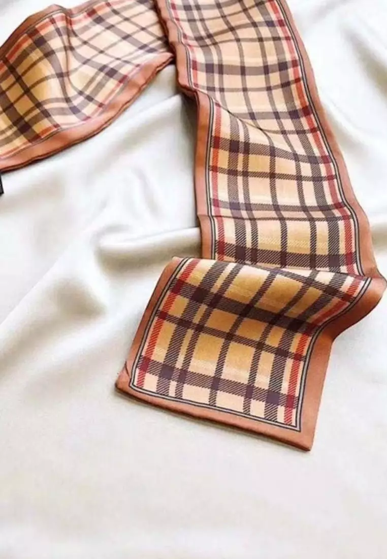 Aksesoris Wanita Double Side Checks Skinny Multi purpose Scarf Wanita Brown & Multi