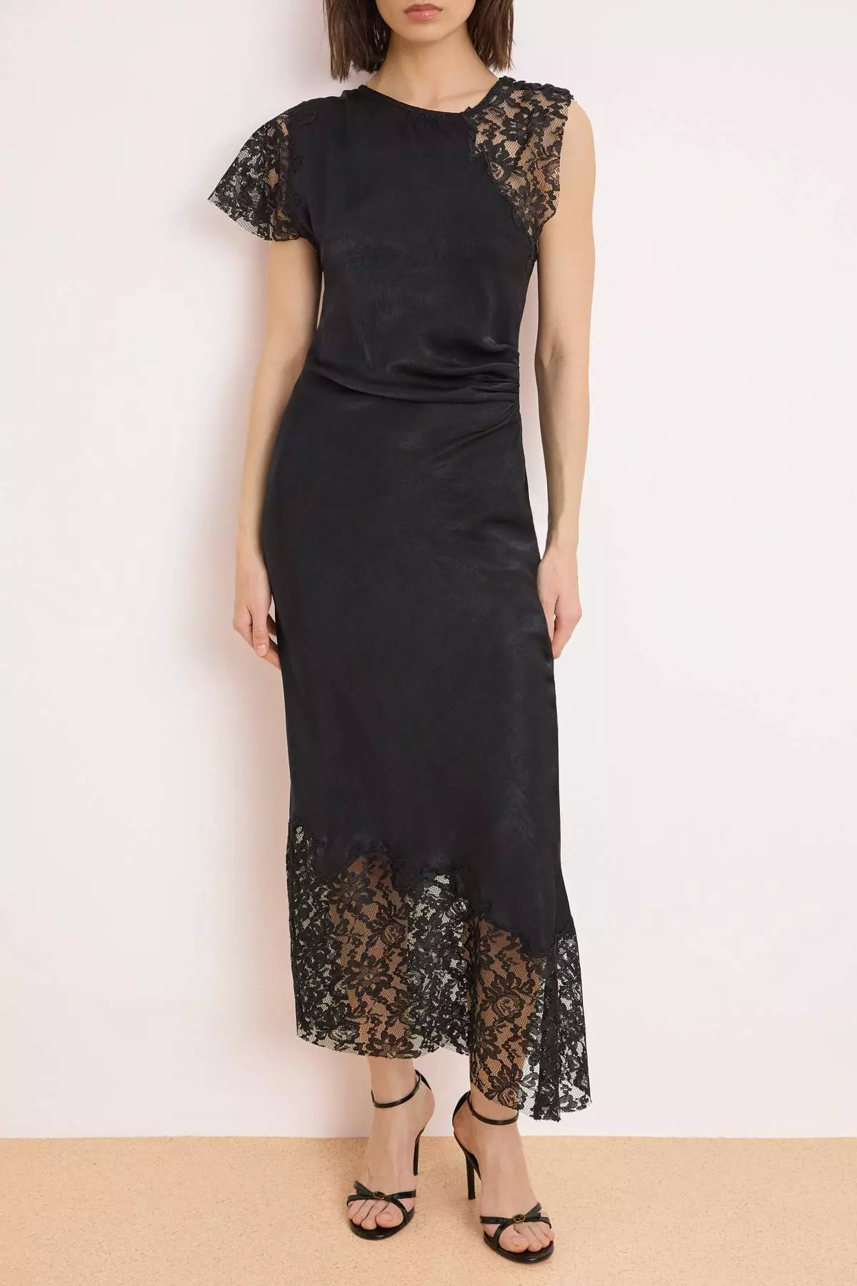 Black Plain Lace Detailed Woven Satin Maxi Unlined Stylish/Evening Dress