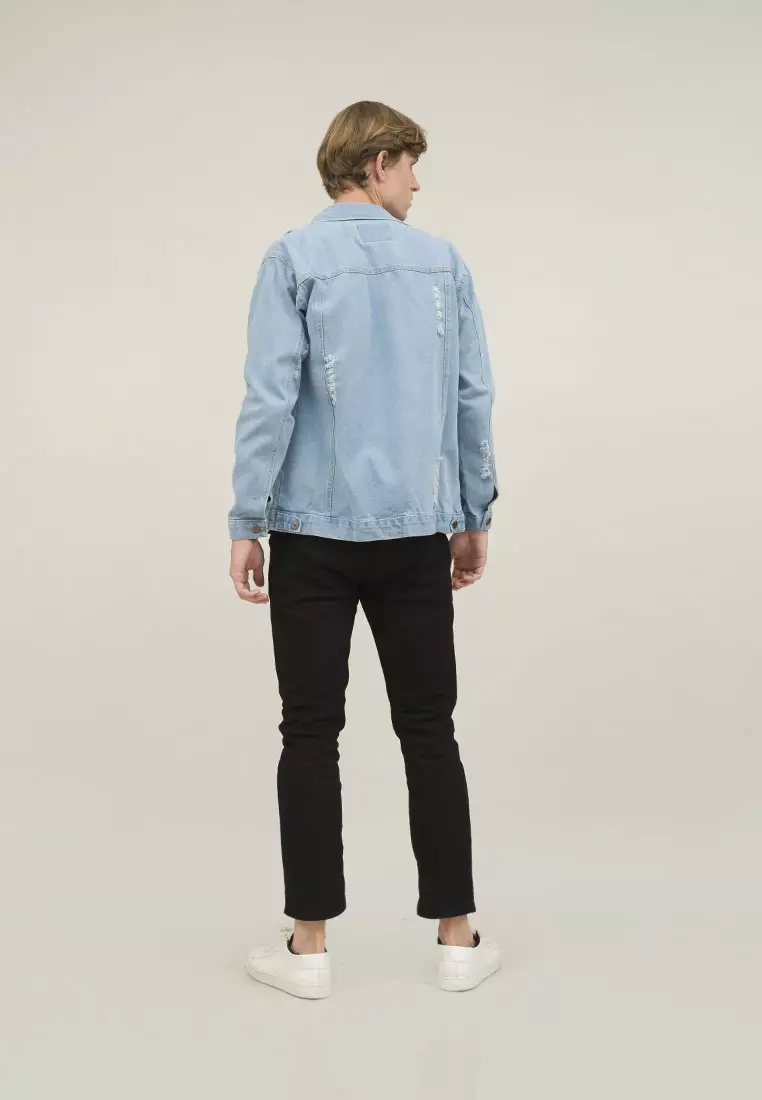 Houseofcuff Jaket Jeans Pria Polos Tebal Dilan Denim Biru Pudar Ripped