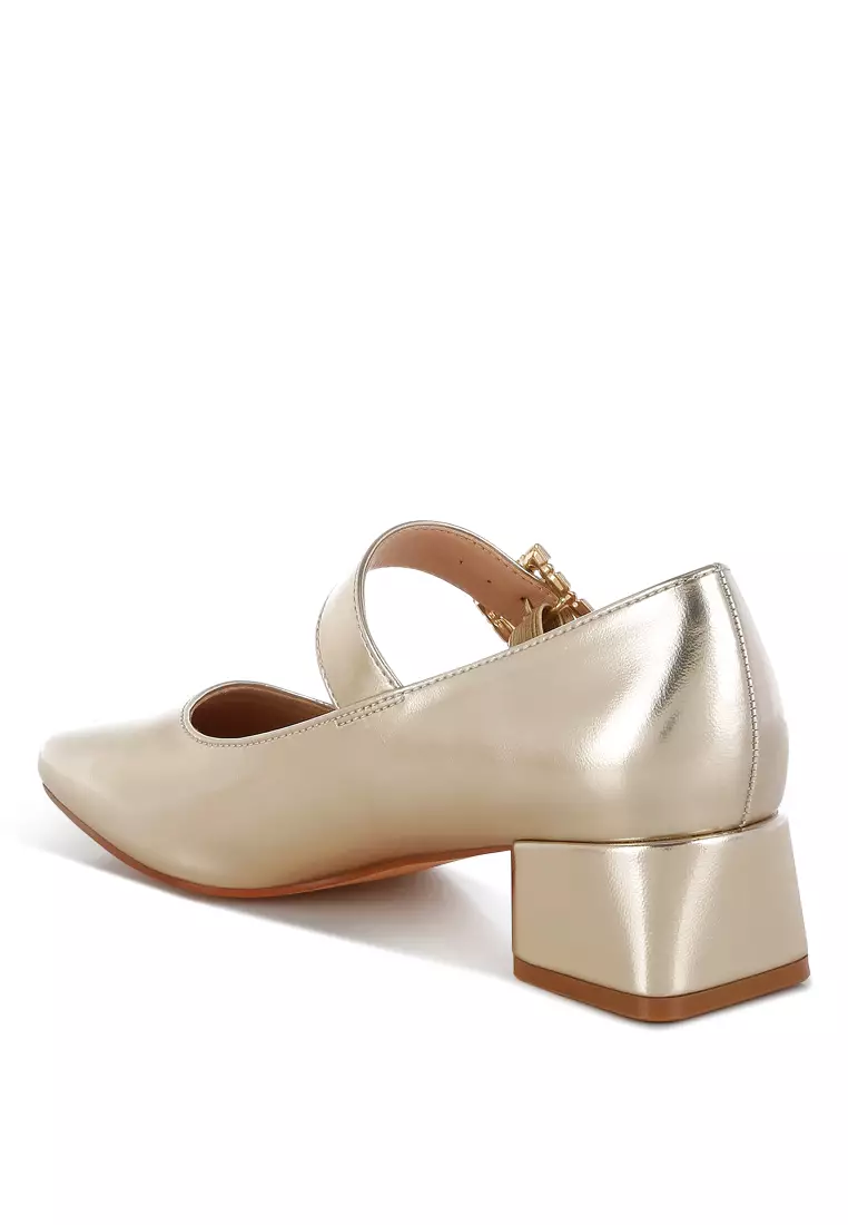 Diamante Brooch Metallic Mary Jane Pumps In Gold