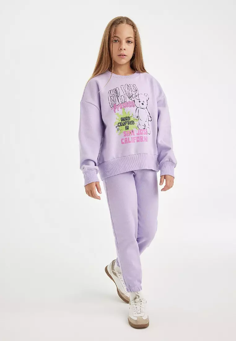 2-Piece Set Printed Crew Neck Thick Sweatshirt Elastic Waist Jogger Tracksuit