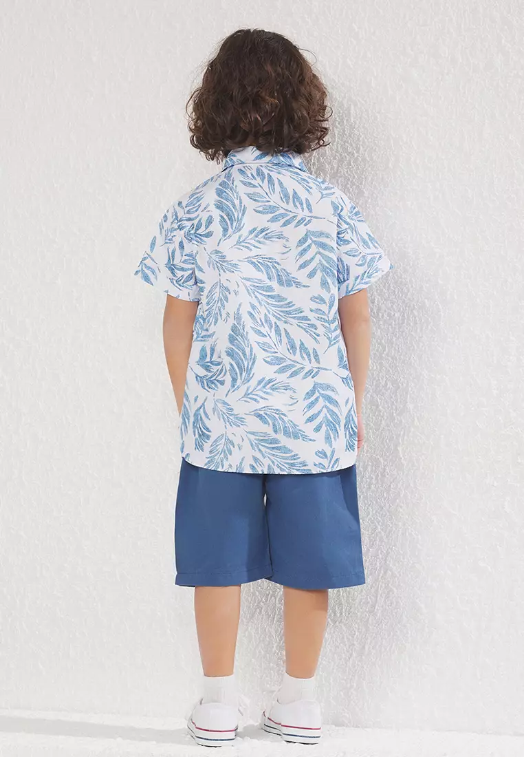 Boy's Blue Tropical Printed Cotton Shirt And Shorts Set - Tkdss25Au00035