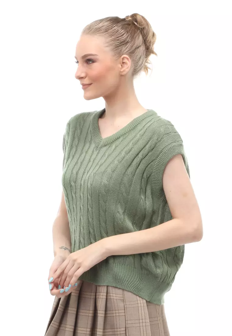 Urice Vest Rajut Atasan Wanita V-neck Sleeves Design Elegant - Matcha