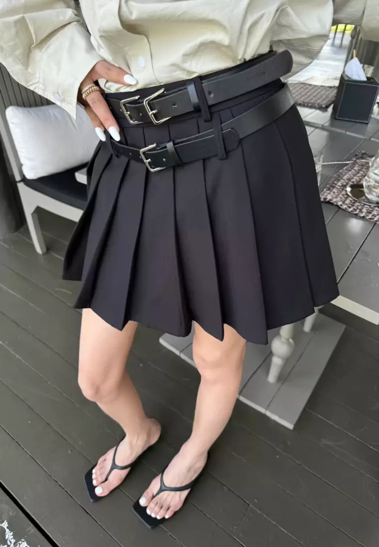 雙腰帶百褶迷你半身裙