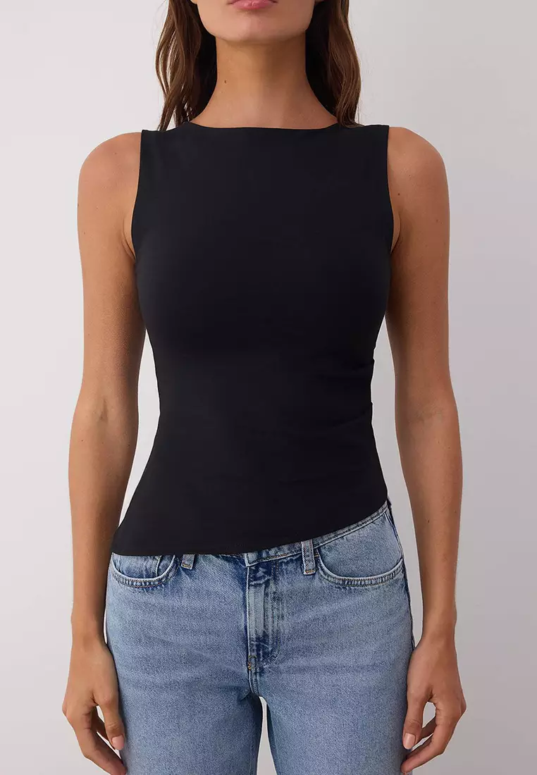 Black Asymmetrical Gathered Crew Neck Sleeveless Flexible Knitted Blouse Twoss25Bz00599