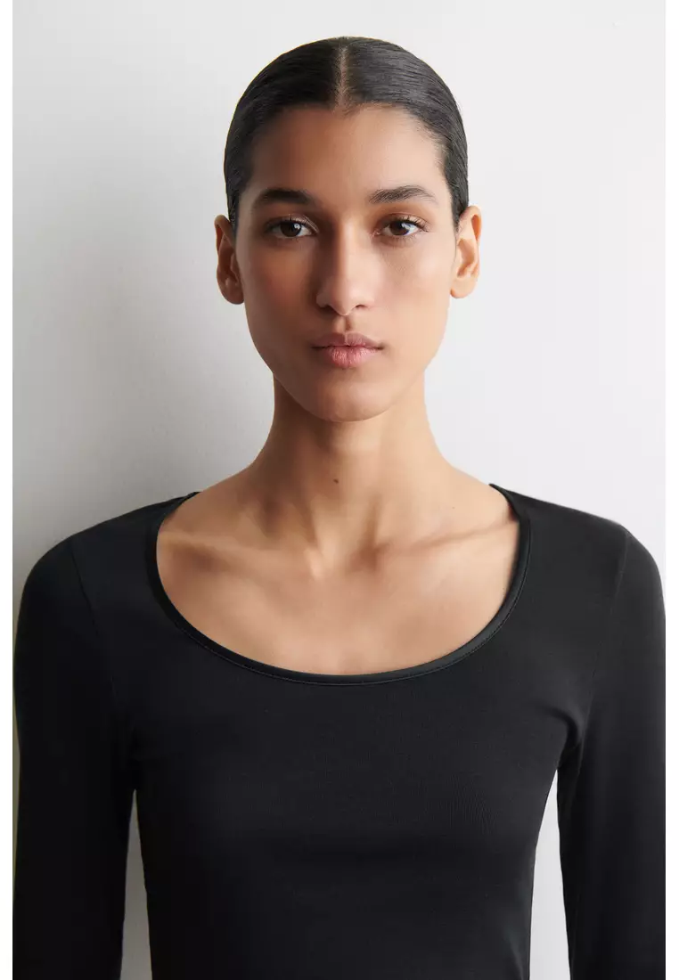 SATIN-TRIMMED COTTON-JERSEY LONG-SLEEVED TOP